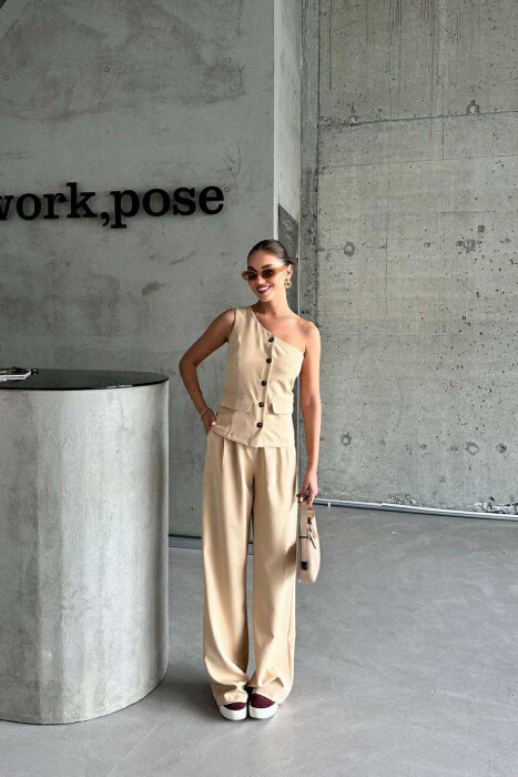 SET JELEK ME NJË MËNGË+PANTALLONA PËR FEMRA NË NGJYRË BEZHË - 2