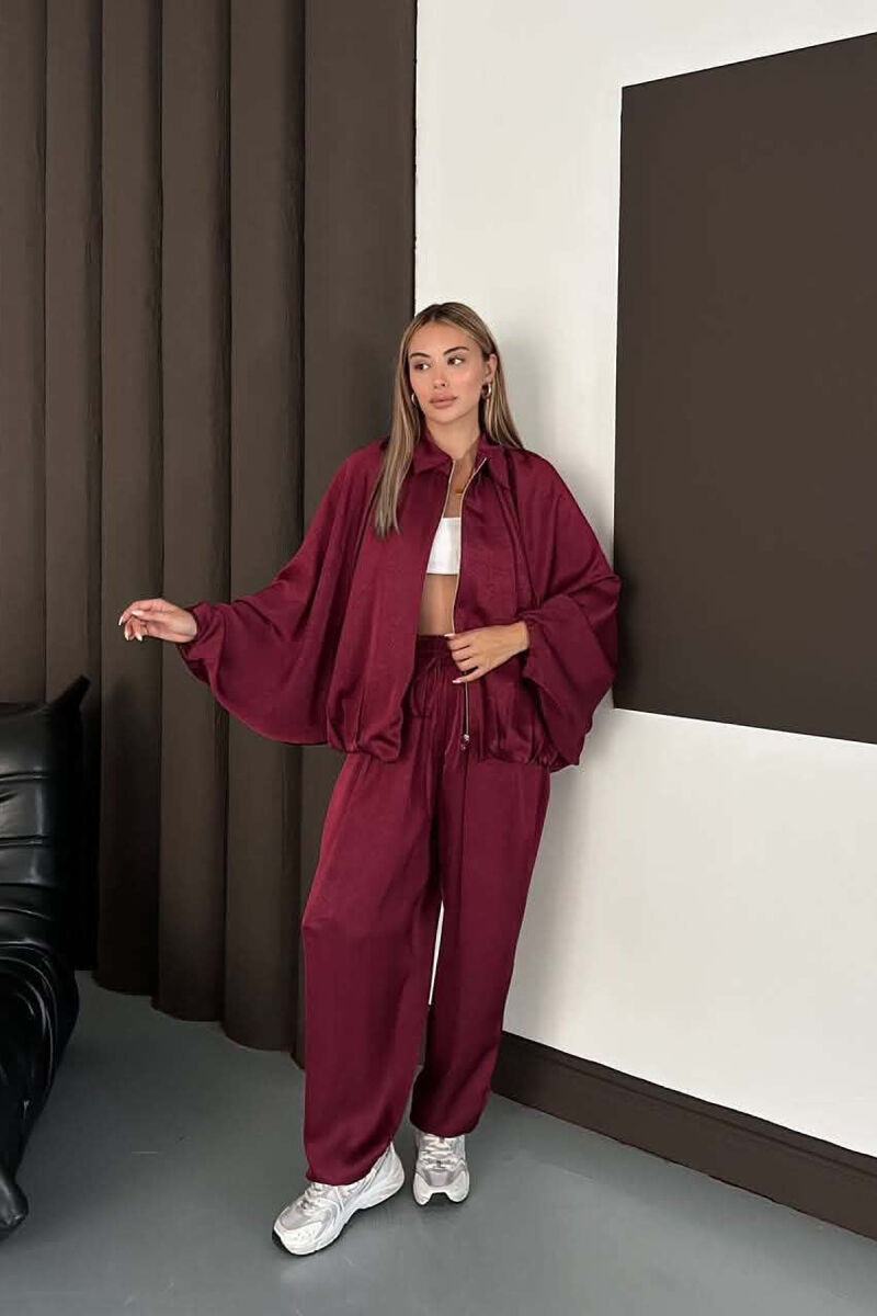 SET NJE NGJYRESH ME SHKELQIM XHAKETE + PANTALONA TE GJERA PER FEMRA NE NGJYRE VISHNJE - 2