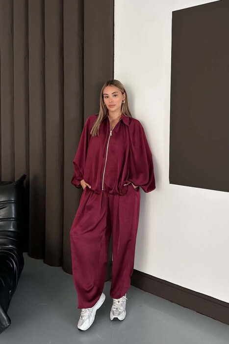 SET NJE NGJYRESH ME SHKELQIM XHAKETE + PANTALONA TE GJERA PER FEMRA NE NGJYRE VISHNJE - 3