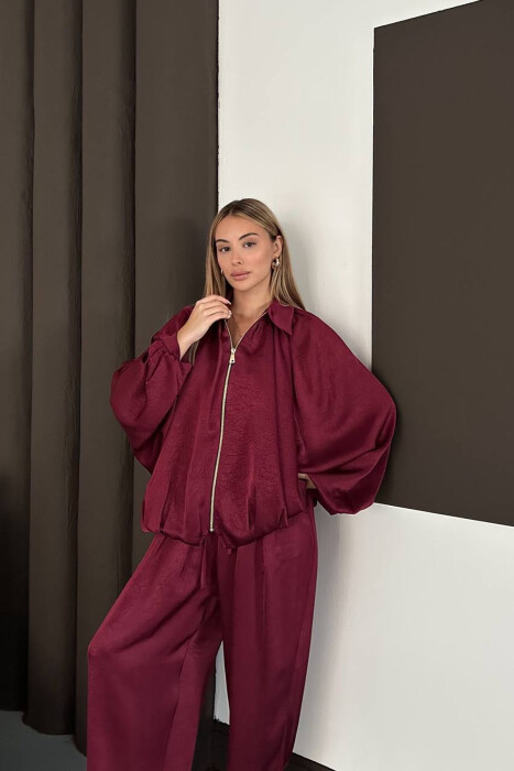 SET NJE NGJYRESH ME SHKELQIM XHAKETE + PANTALONA TE GJERA PER FEMRA NE NGJYRE VISHNJE - 5