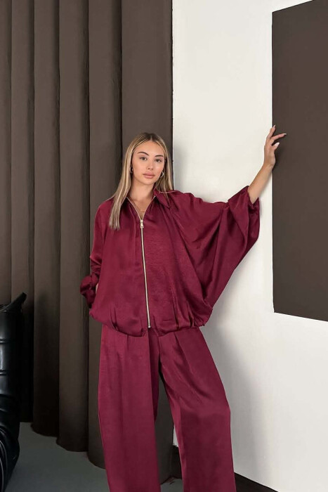 SET NJE NGJYRESH ME SHKELQIM XHAKETE + PANTALONA TE GJERA PER FEMRA NE NGJYRE VISHNJE - 6