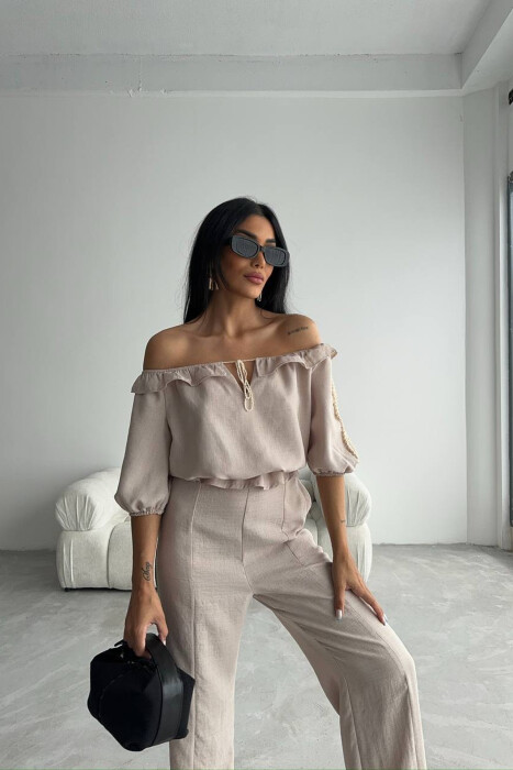 SET NJË NGJYRËSH BLUZË+PANTALLONA PËR FEMRA NË NGJYRË KREM - 2