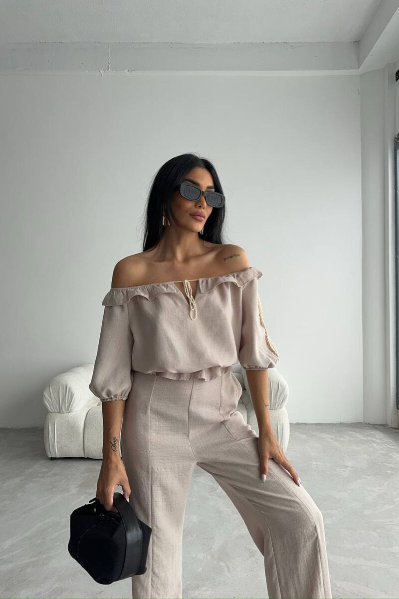 SET NJË NGJYRËSH BLUZË+PANTALLONA PËR FEMRA NË NGJYRË KREM - 2