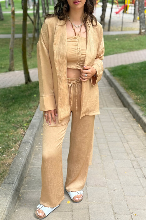 SET NJË NGJYRËSH KËMISHË+CROP+PANTALLONA PËR FEMRA NË NGJYRË BEZHË - 4