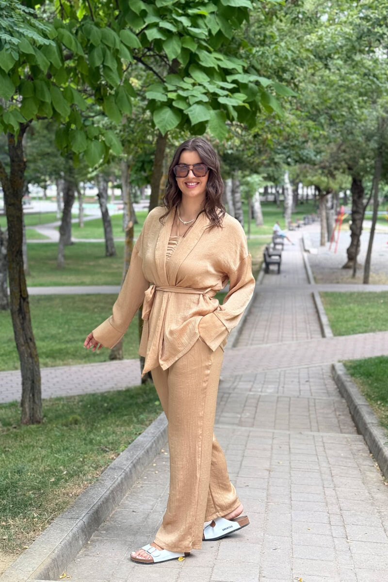 SET NJË NGJYRËSH KËMISHË+CROP+PANTALLONA PËR FEMRA NË NGJYRË BEZHË - 2
