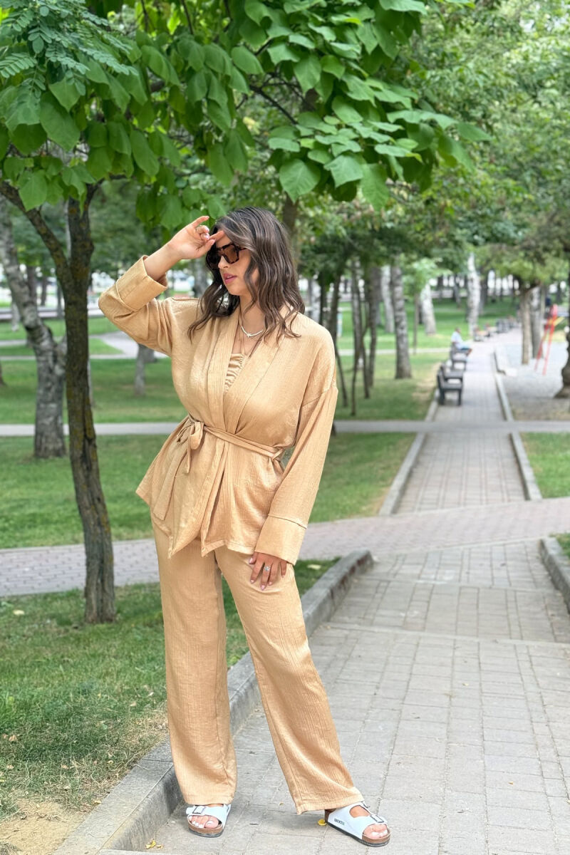 SET NJË NGJYRËSH KËMISHË+CROP+PANTALLONA PËR FEMRA NË NGJYRË BEZHË - 3