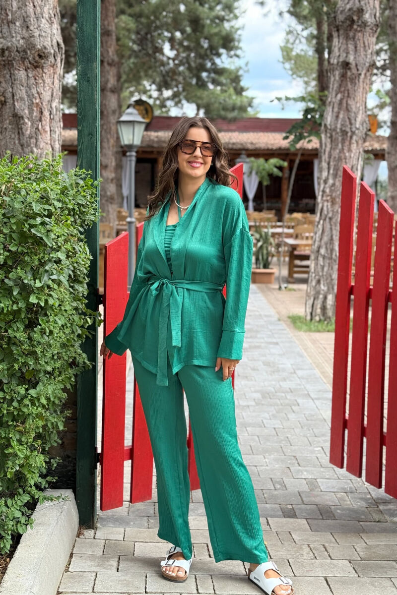 SET NJË NGJYRËSH KËMISHË+CROP+PANTALLONA PËR FEMRA NË NGJYRË JESHILE - 1