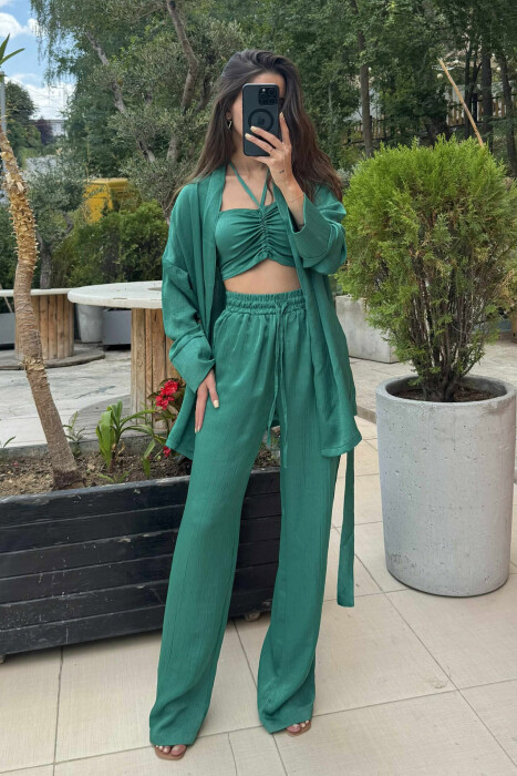 SET NJË NGJYRËSH KËMISHË+CROP+PANTALLONA PËR FEMRA NË NGJYRË JESHILE - 2
