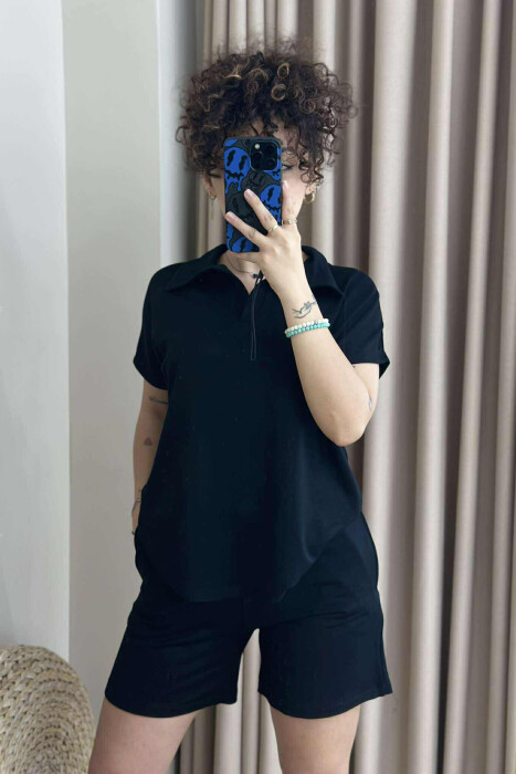 SET NJË NGJYRËSH T-SHIRT+PANTALLONA TË SHKURTRA PËR FEMRA NË NGJYRËN E ZEZË - 1