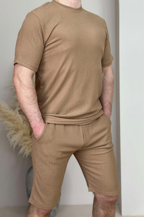 SET NJË NGJYRËSH T-SHIRT+TUTA TË SHKURTRA PËR MESHKUJ NË NGJYRËN KAFE E ZBARDHUR - 2