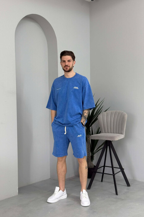 SET NJE NGJYRESH T-SHIRT ME SHKRIME + TUTA TE SHKURTRA PER MESHKUJ NE NGJYRE BLU - 1