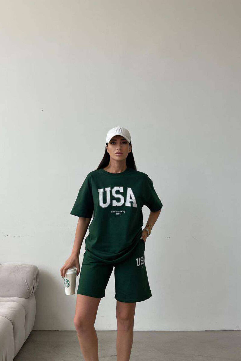 SET PËR FEMRA PAMBUK PANTALLONA TË SHKURTRA DHE T-SHIRT NGJYRË JESHILE - 1