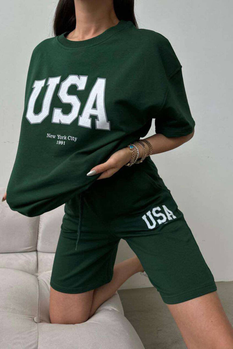 SET PËR FEMRA PAMBUK PANTALLONA TË SHKURTRA DHE T-SHIRT NGJYRË JESHILE - 2