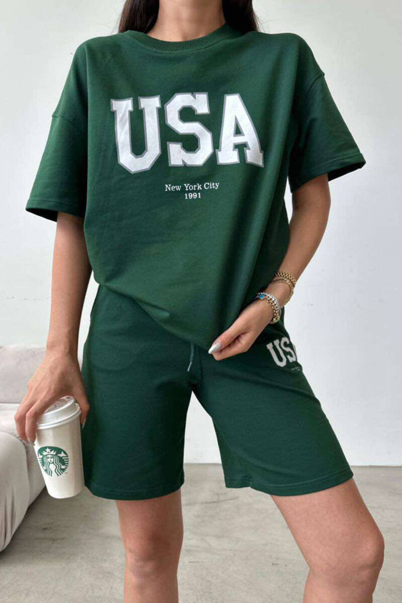 SET PËR FEMRA PAMBUK PANTALLONA TË SHKURTRA DHE T-SHIRT NGJYRË JESHILE - 3
