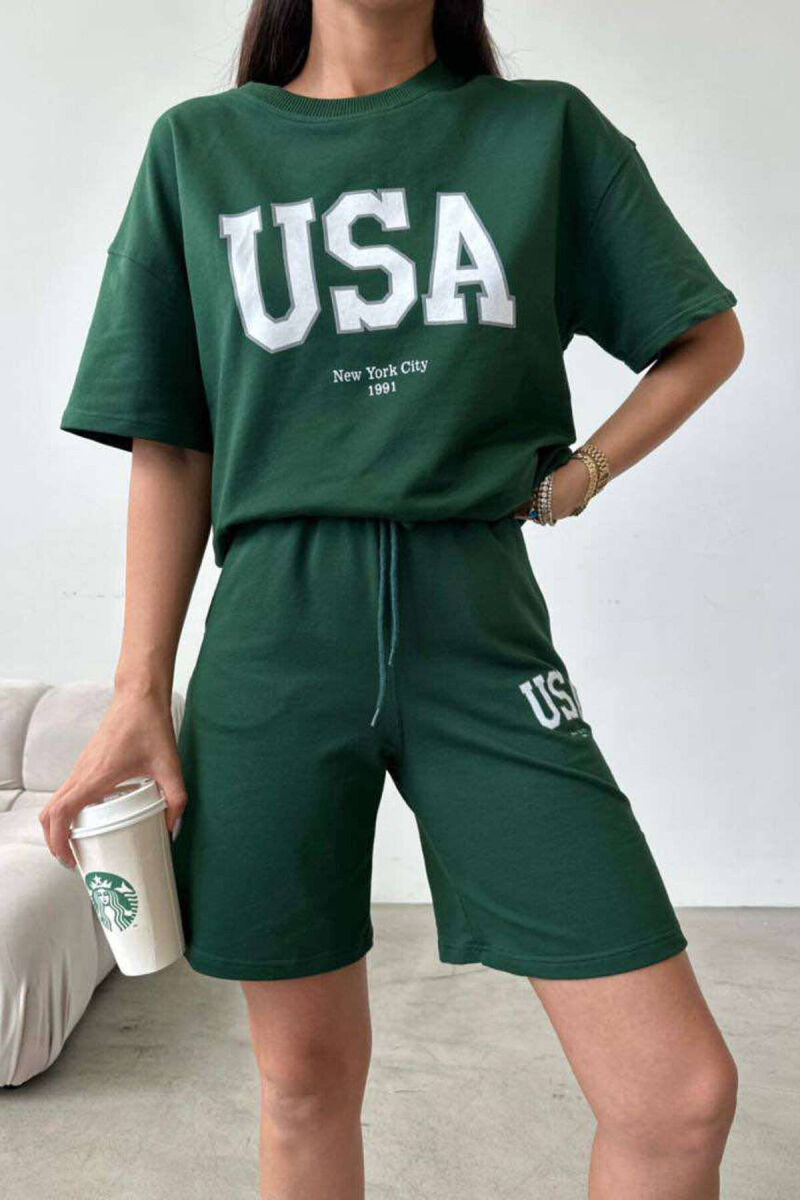 SET PËR FEMRA PAMBUK PANTALLONA TË SHKURTRA DHE T-SHIRT NGJYRË JESHILE - 4