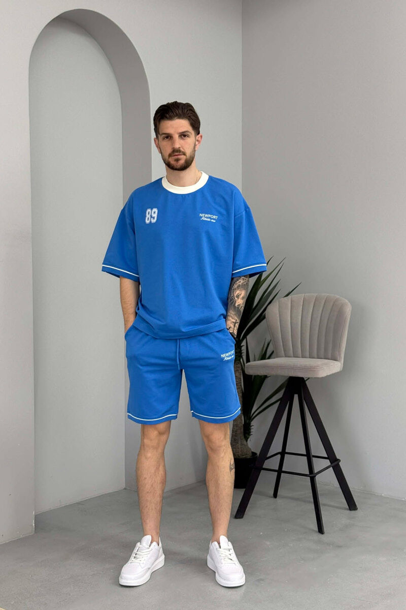 SET T-SHIRT ME SHKRIM PARA & PAS + TUTA TE SHKURTRA PER MESHKUJ NE NGJYRE BLU TE ZBARDHUR - 1