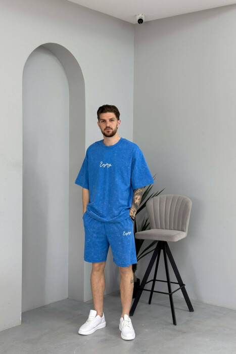 SET T-SHIRT ME SHKRIM PARA & PAS + TUTA TE SHKURTRA PER MESHKUJ NE NGJYRE BLU TE ZBARDHUR - 1