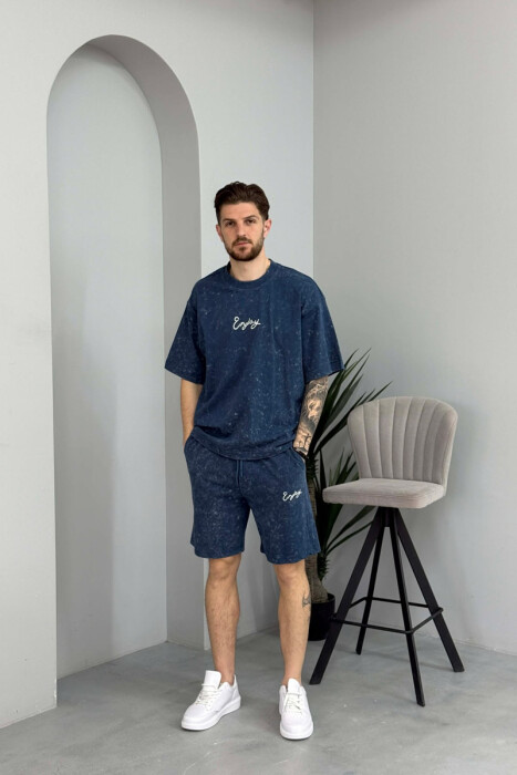SET T-SHIRT ME SHKRIM PARA & PAS + TUTA TE SHKURTRA PER MESHKUJ NE NGJYRE BLU - 1