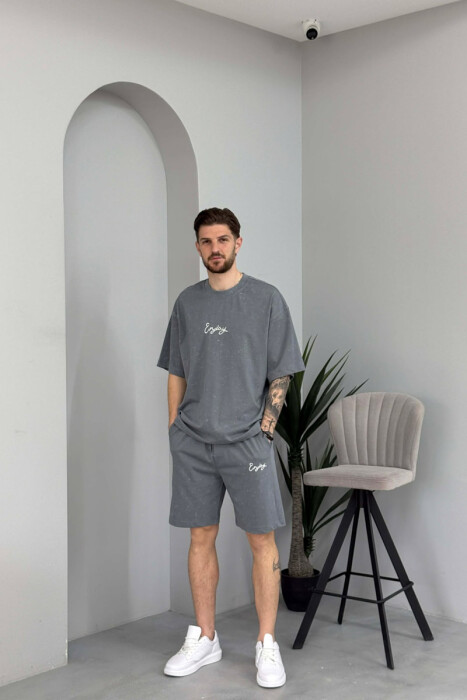 SET T-SHIRT ME SHKRIM PARA & PAS + TUTA TE SHKURTRA PER MESHKUJ NE NGJYRE GRI - 1