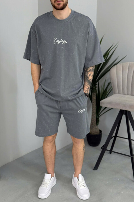 SET T-SHIRT ME SHKRIM PARA & PAS + TUTA TE SHKURTRA PER MESHKUJ NE NGJYRE GRI - 2