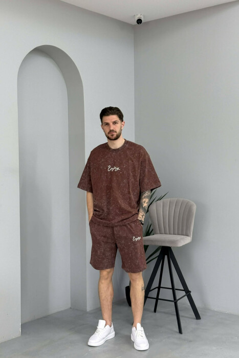 SET T-SHIRT ME SHKRIM PARA & PAS + TUTA TE SHKURTRA PER MESHKUJ NE NGJYRE KAFE - 1
