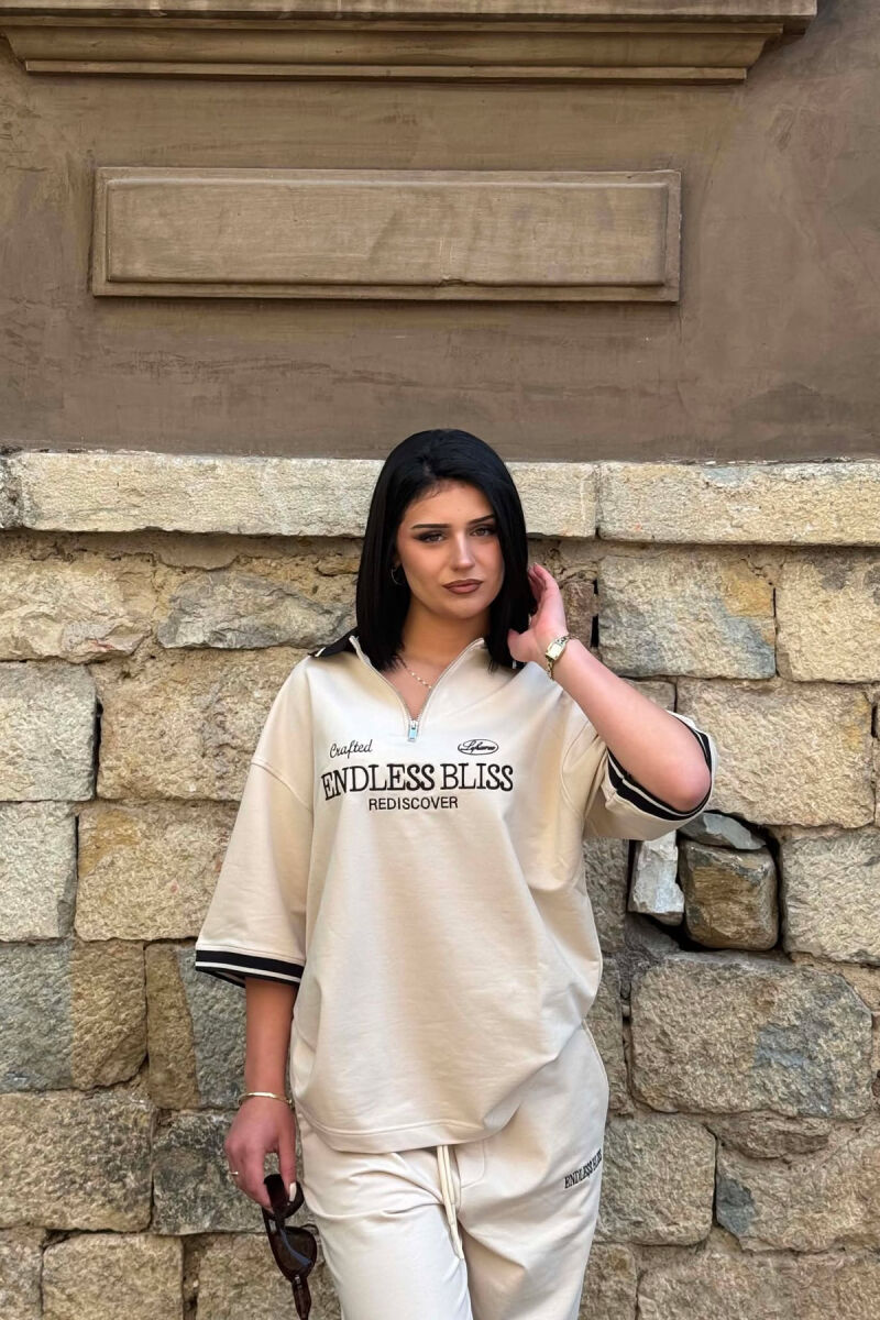 SET T-SHIRT ME SHKRIME DHE JAKE ME ZINXHIR + TUTA PER FEMRA NE NGJYRE BEZHE - 2