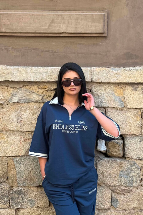 SET T-SHIRT ME SHKRIME DHE JAKE ME ZINXHIR + TUTA PER FEMRA NE NGJYRE BLU - 5