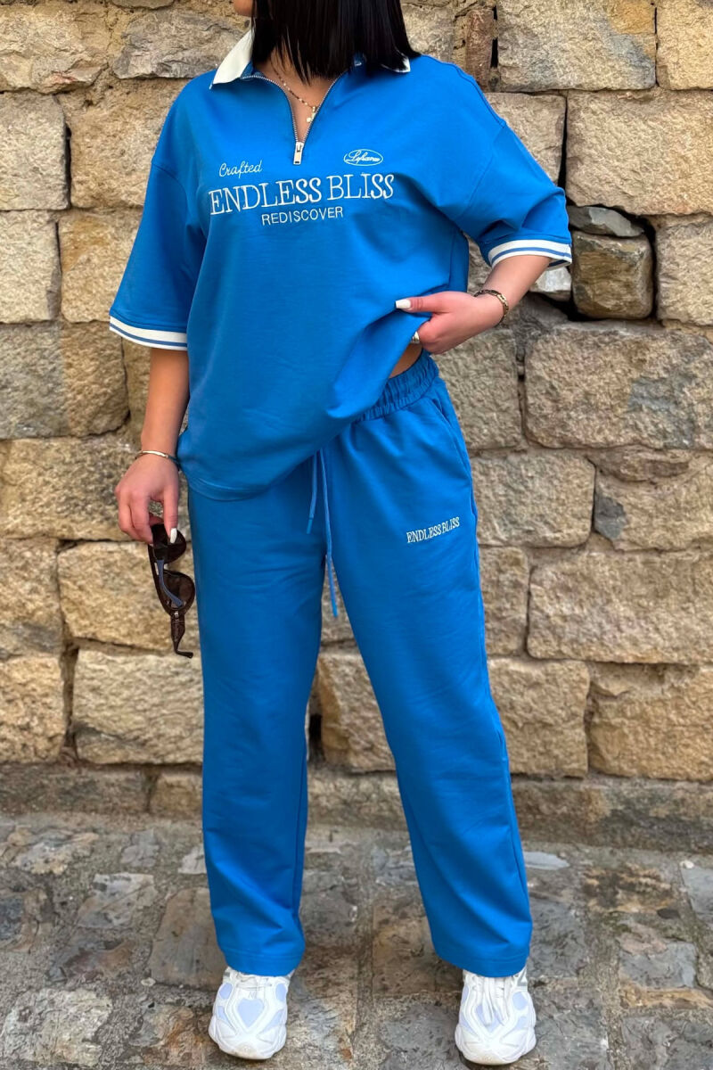 SET T-SHIRT ME SHKRIME DHE JAKE ME ZINXHIR + TUTA PER FEMRA NE NGJYRE BLU TE ZBARDHUR - 3