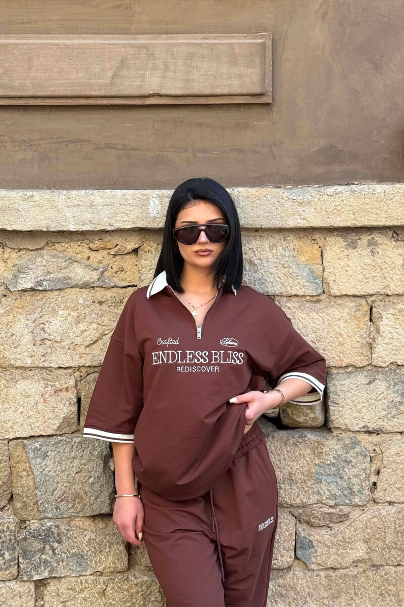 SET T-SHIRT ME SHKRIME DHE JAKE ME ZINXHIR + TUTA PER FEMRA NE NGJYRE KAFE - 2