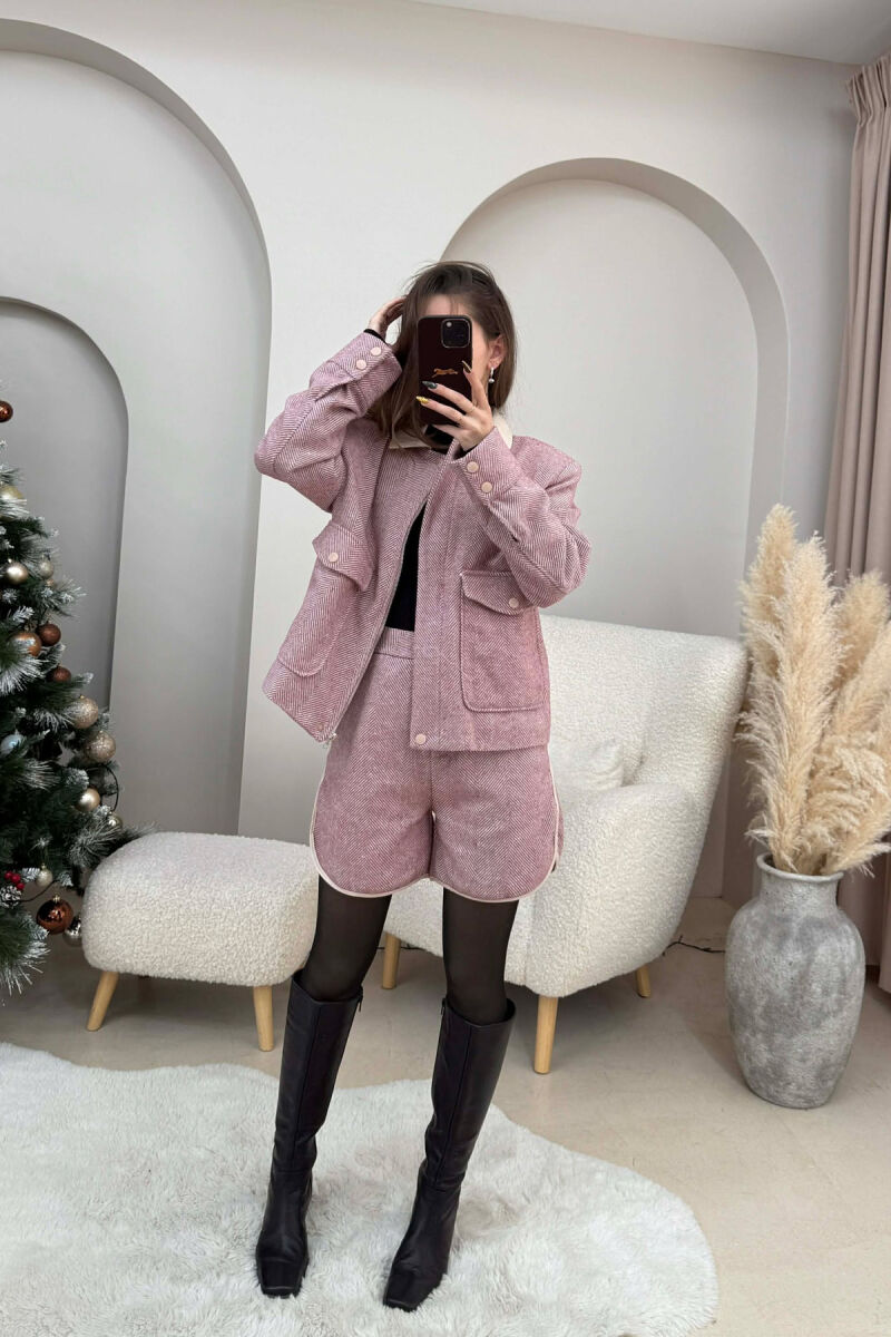 SET XHAKETE+PANTALLONA TE SHKURTA ME VIJA PER FEMRA NE NGJYRE PUDER - 2