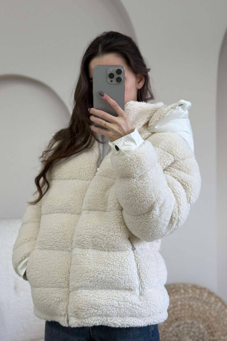 SHEEPSKIN HOOD WOMEN JACKET IN CREAM COLOR - 3