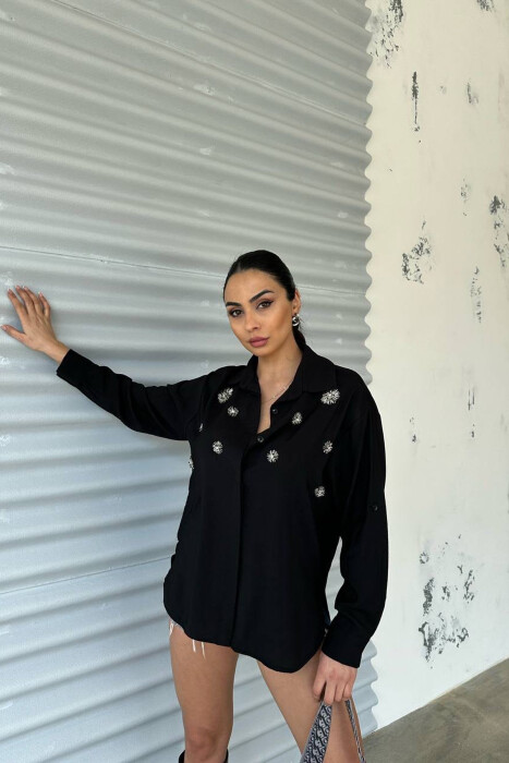 SHINNY FLOWER DETAILS ONE COLOR WOMEN SHIRT BLACK/ E ZEZE - 1