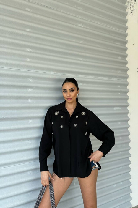 SHINNY FLOWER DETAILS ONE COLOR WOMEN SHIRT BLACK/ E ZEZE - 2