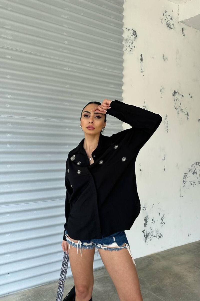 SHINNY FLOWER DETAILS ONE COLOR WOMEN SHIRT BLACK/ E ZEZE - 3