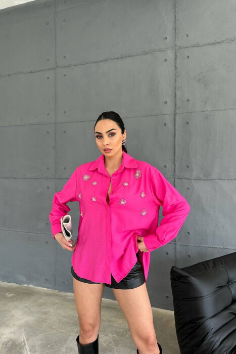 SHINNY FLOWER DETAILS ONE COLOR WOMEN SHIRT FUCHSIA/CIKLAMI 