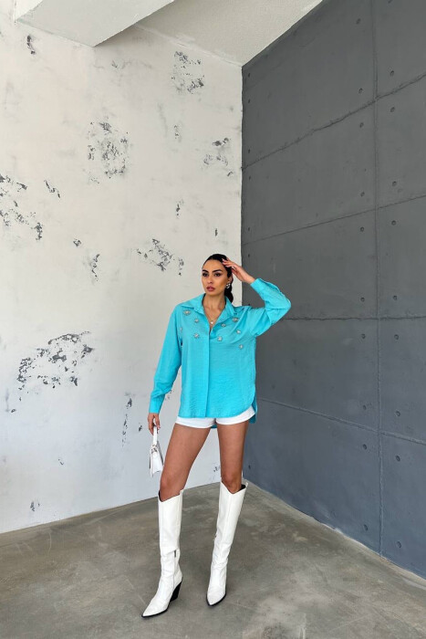 SHINNY FLOWER DETAILS ONE COLOR WOMEN SHIRT LIGHTBLUE/BZ 