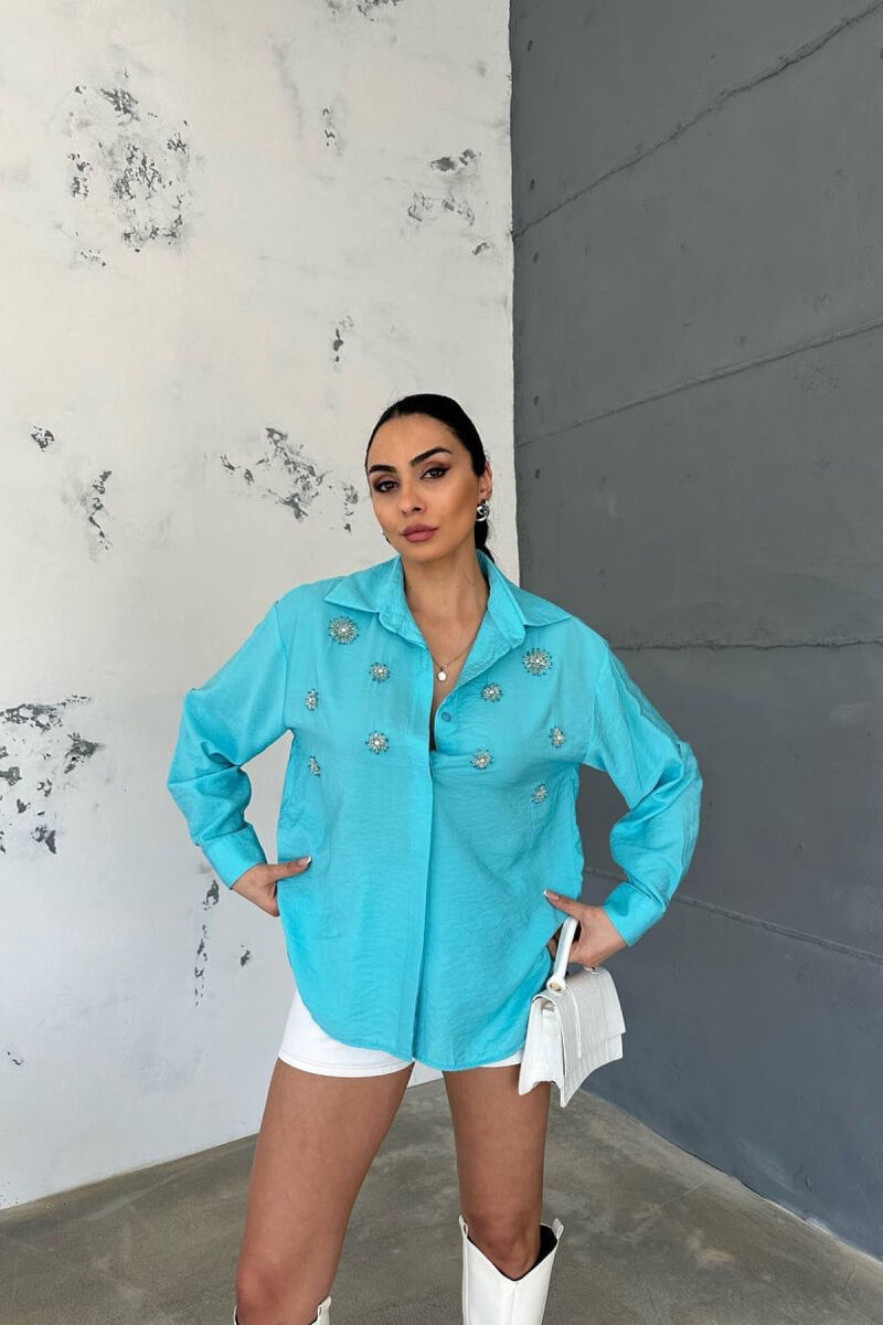 SHINNY FLOWER DETAILS ONE COLOR WOMEN SHIRT LIGHTBLUE/BZ - 2