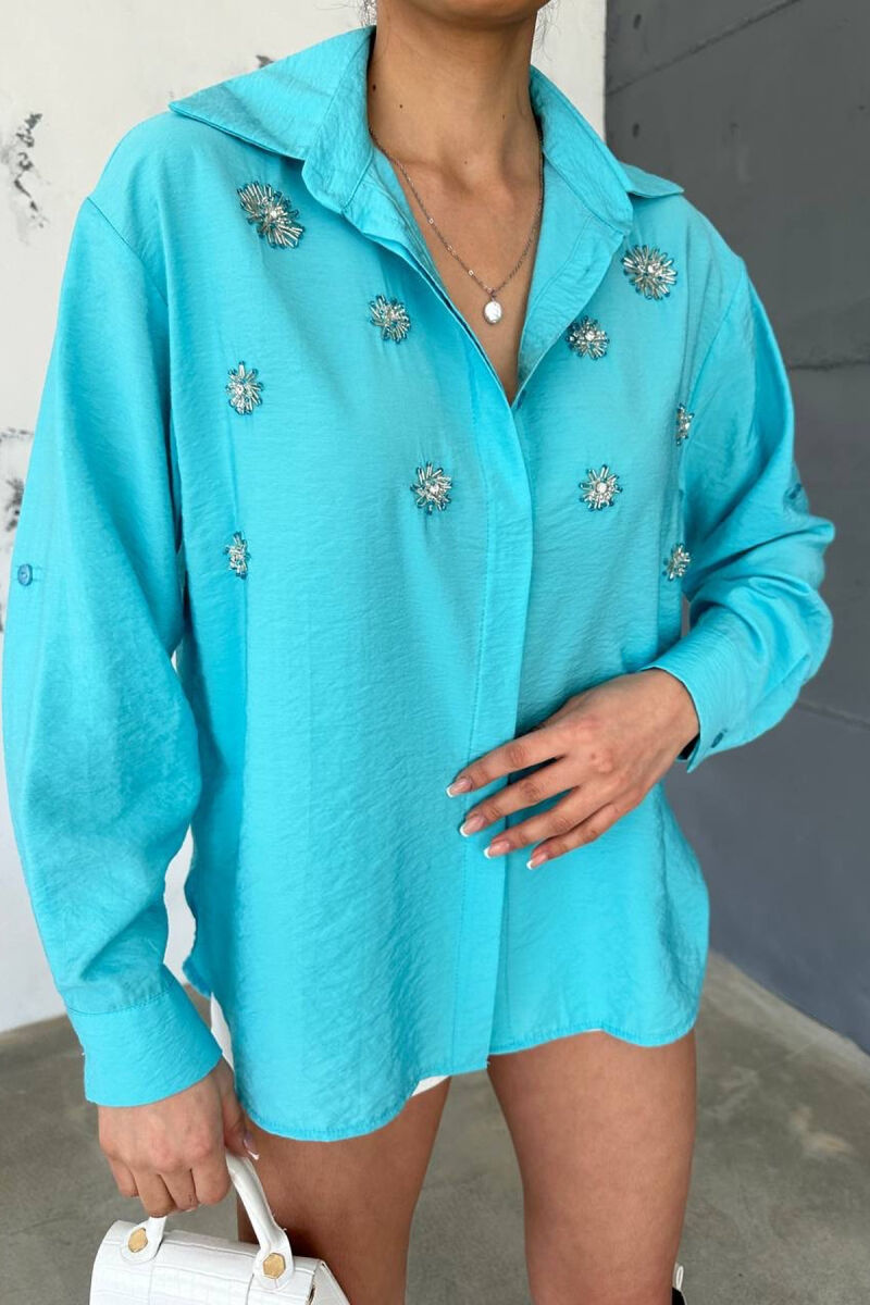 SHINNY FLOWER DETAILS ONE COLOR WOMEN SHIRT LIGHTBLUE/BZ - 3