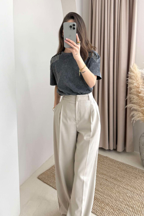 SHINNY STONES DETAIL SIMPLE WOMEN T-SHIRT GREY/GRI - 1