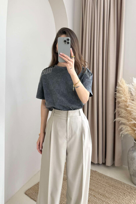 SHINNY STONES DETAIL SIMPLE WOMEN T-SHIRT GREY/GRI - 3