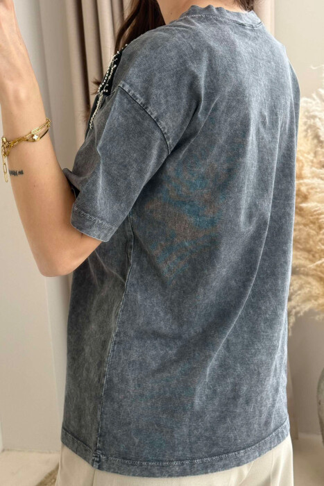 SHINNY STONES DETAIL SIMPLE WOMEN T-SHIRT GREY/GRI - 4