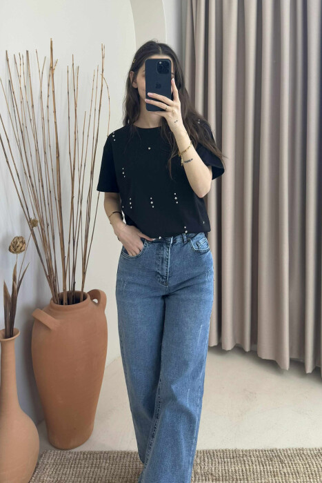 SHINNY STONES DETAILS ONE COLOR WOMEN T-SHIRT BLACK/ E ZEZE - 5