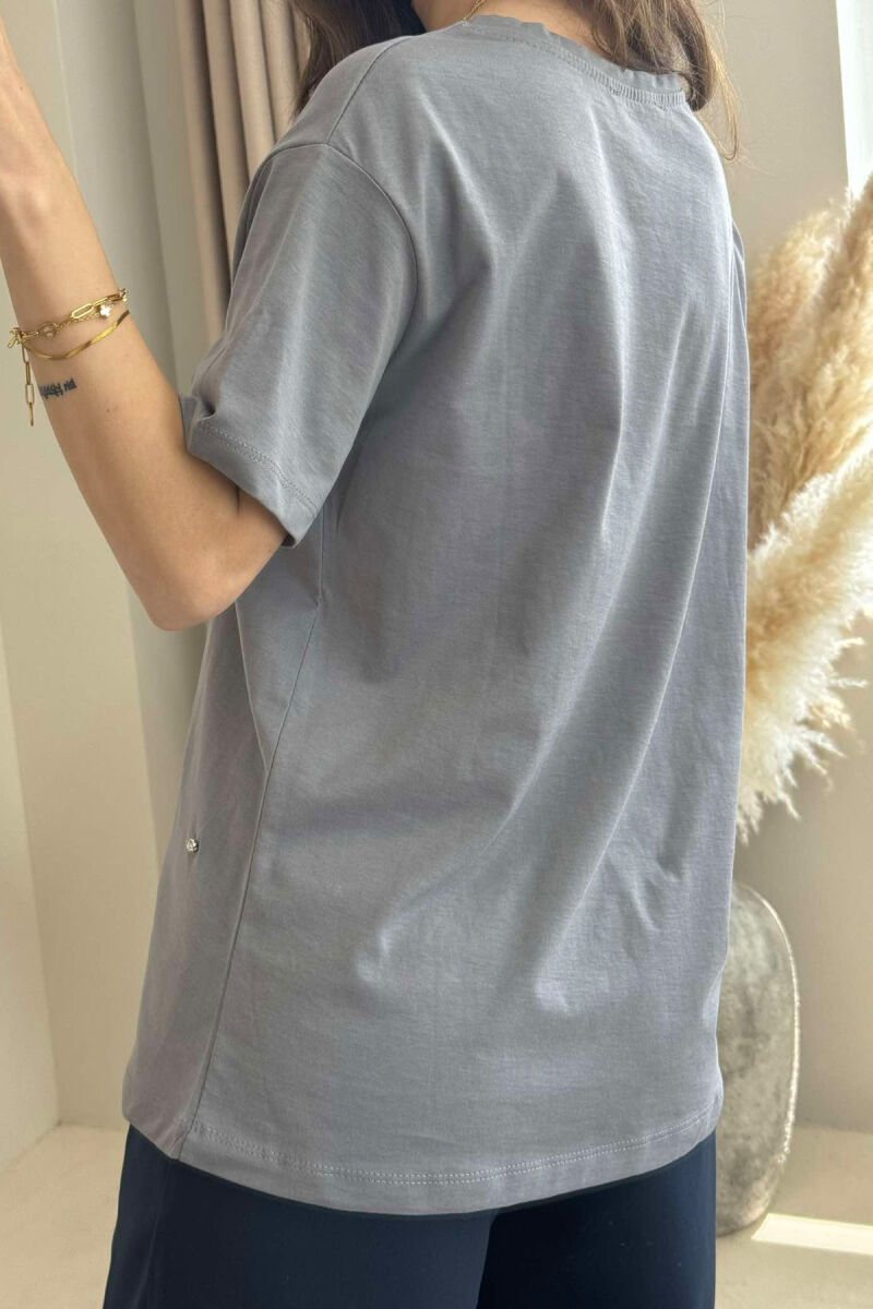 SHINNY STONES DETAILS ONE COLOR WOMEN T-SHIRT GREY/GRI - 3