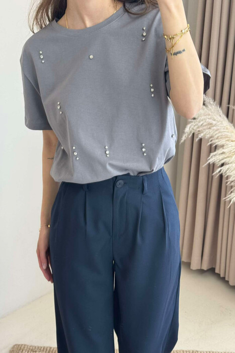 SHINNY STONES DETAILS ONE COLOR WOMEN T-SHIRT GREY/GRI - 4