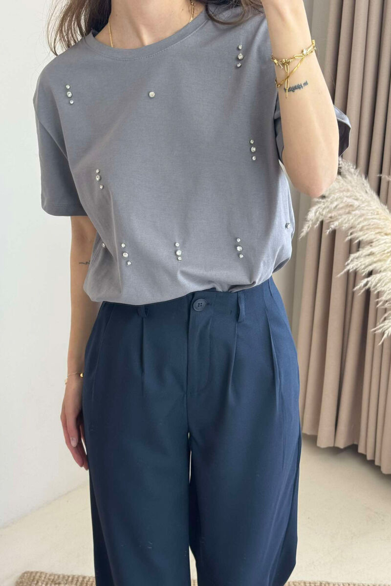 SHINNY STONES DETAILS ONE COLOR WOMEN T-SHIRT GREY/GRI - 4