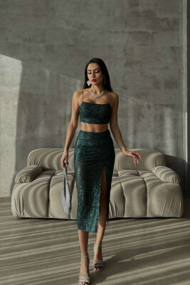 SHINY CROP+SKIRT WOMEN SET GREEN/JESHILE 