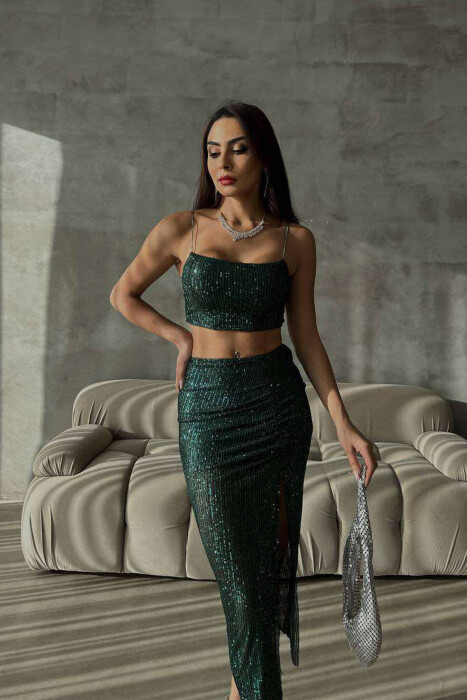 SHINY CROP+SKIRT WOMEN SET GREEN/JESHILE - 3