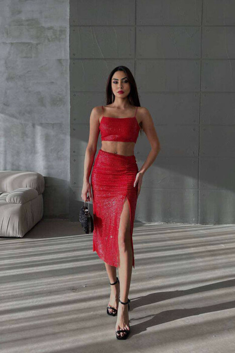 SHINY CROP+SKIRT WOMEN SET RED/E KUQE - 1