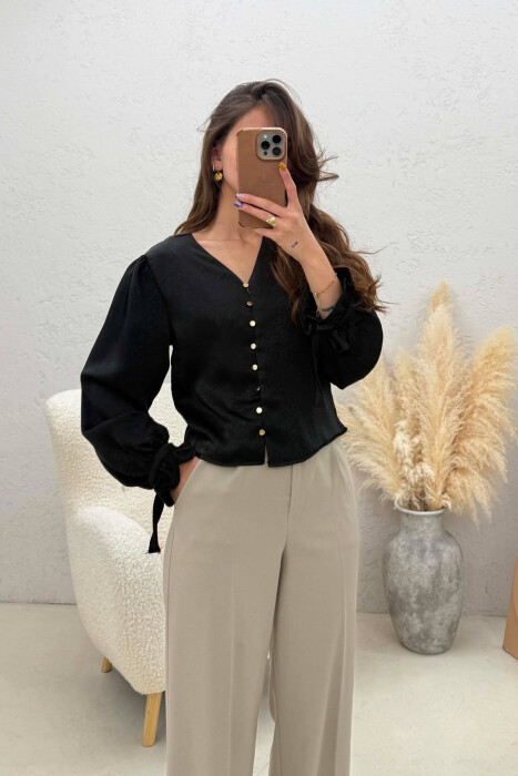 SHINY GOLD BUTTONS WOMAN SHIRT BLACK/ E ZEZE - KLAUDIO FASHION