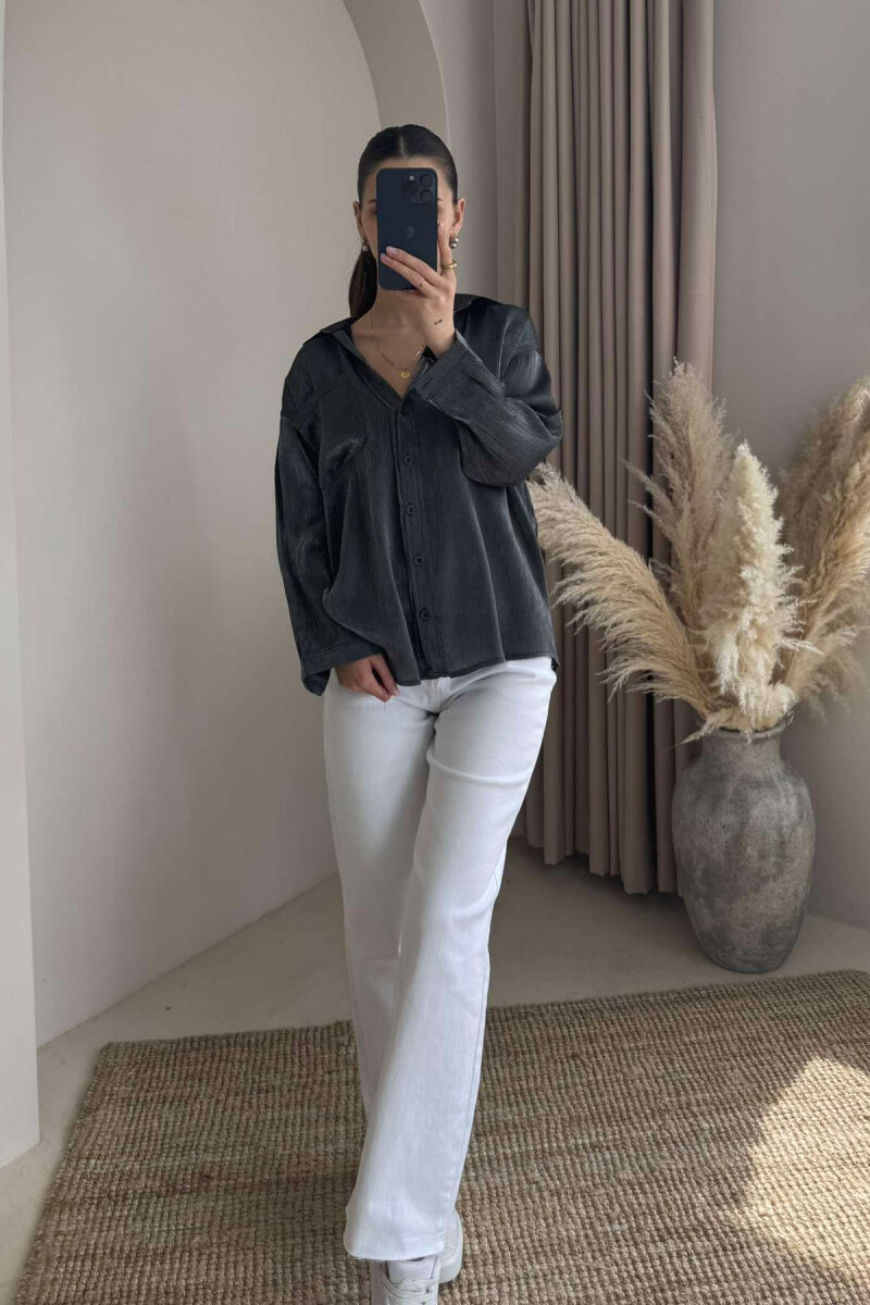 SHINY MATERIAL SINGLE POCKET WOMEN SHIRT DARK GREY/GEE - 1